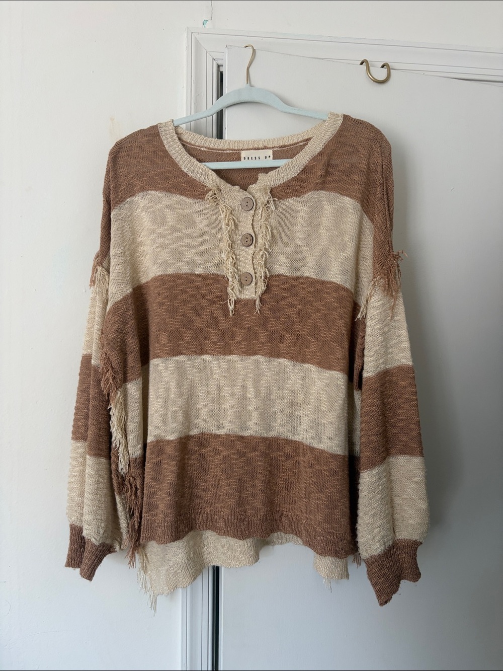 Free People Cream & Brown Striped Knit Henley Sweater